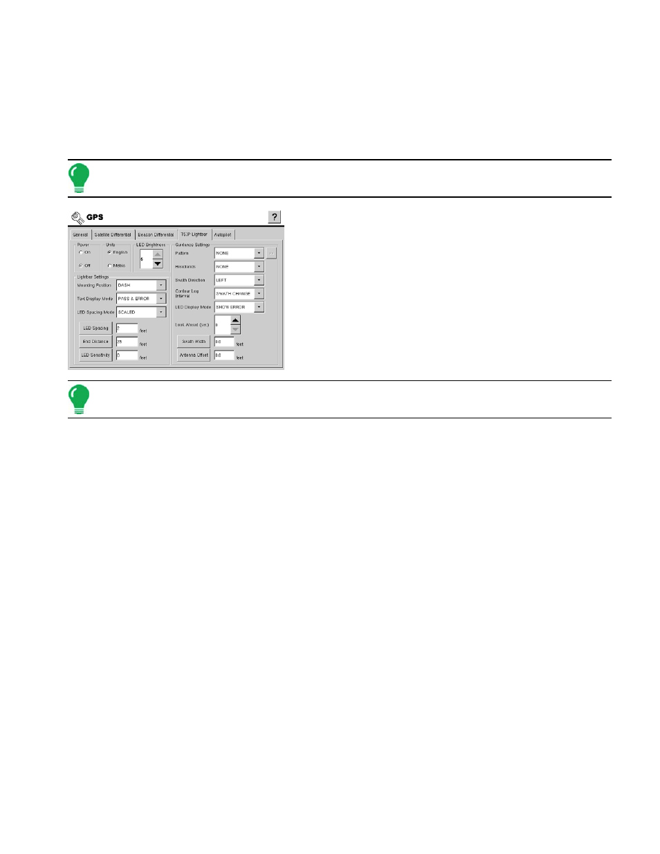External lightbar, Tsip lightbar general settings, Tsip compatibility reference | Tsip lightbar settings, Mounting position, Text display mode, Xternal, Ightbar, Ettings, Tsip l | Ag Leader InSight Ver.8.0 Users Manual User Manual | Page 59 / 342