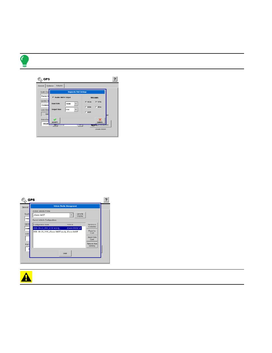 Nmea diagnostic port settings, Vehicle profile management, Autopilot vehicle configuration profile management | Autopilot vehicle configuration profile, Ehicle, Rofile, Anagement | Ag Leader InSight Ver.8.0 Users Manual User Manual | Page 70 / 342