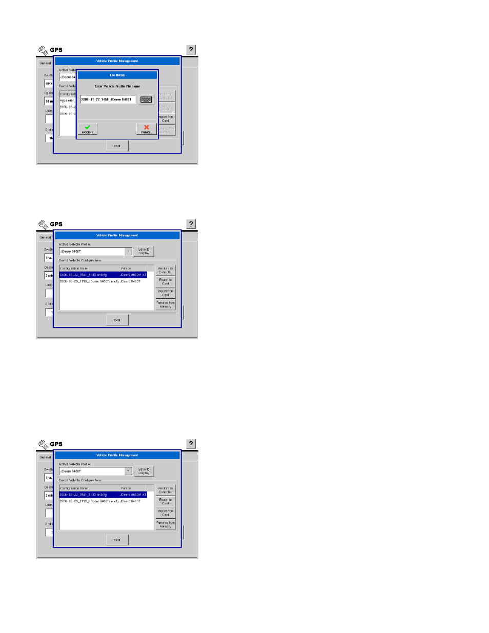 Restoring vehicle configuration profiles, Exporting vehicle configuration profiles | Ag Leader InSight Ver.8.0 Users Manual User Manual | Page 72 / 342