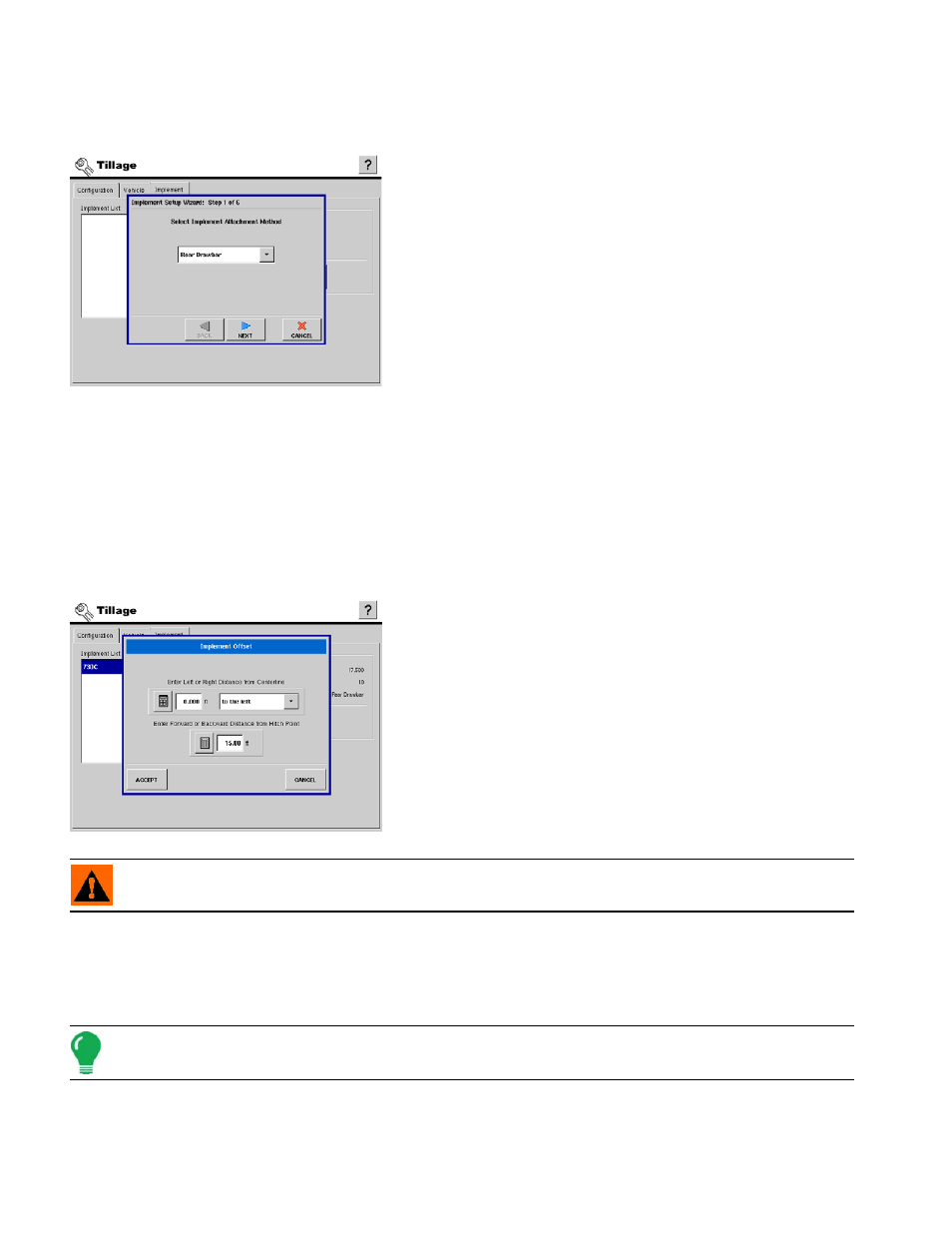 Adding a new implement, Implement offsets, Run screen operation | Run screen buttons, Adding a new implement implement offsets, Information see, Creen, Peration | Ag Leader InSight Ver.8.0 Users Manual User Manual | Page 96 / 342
