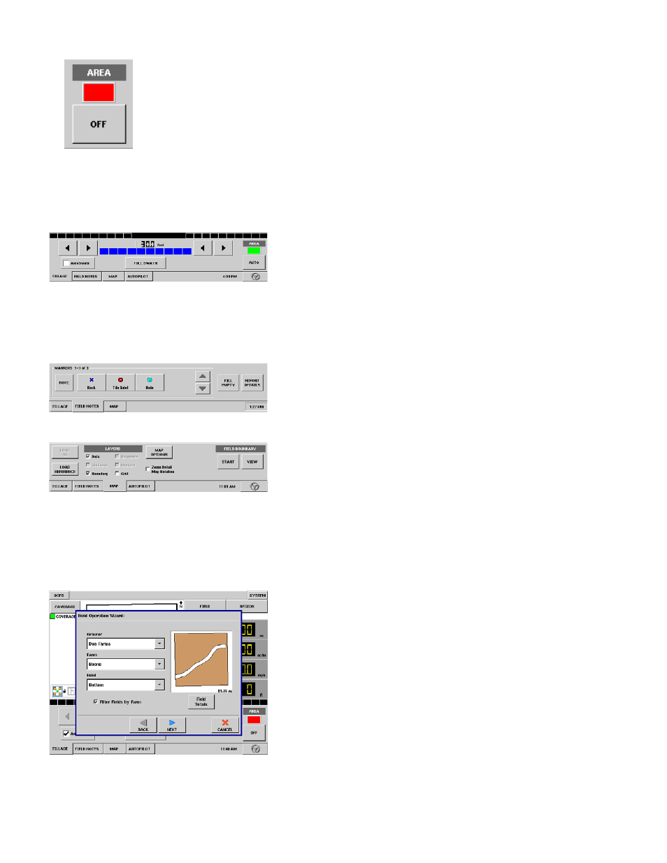 Run screen - main tabs, Tillage tab, Field notes tab | Map tab, Field button (while not logging), Tillage tab field notes tab map tab | Ag Leader InSight Ver.8.0 Users Manual User Manual | Page 98 / 342