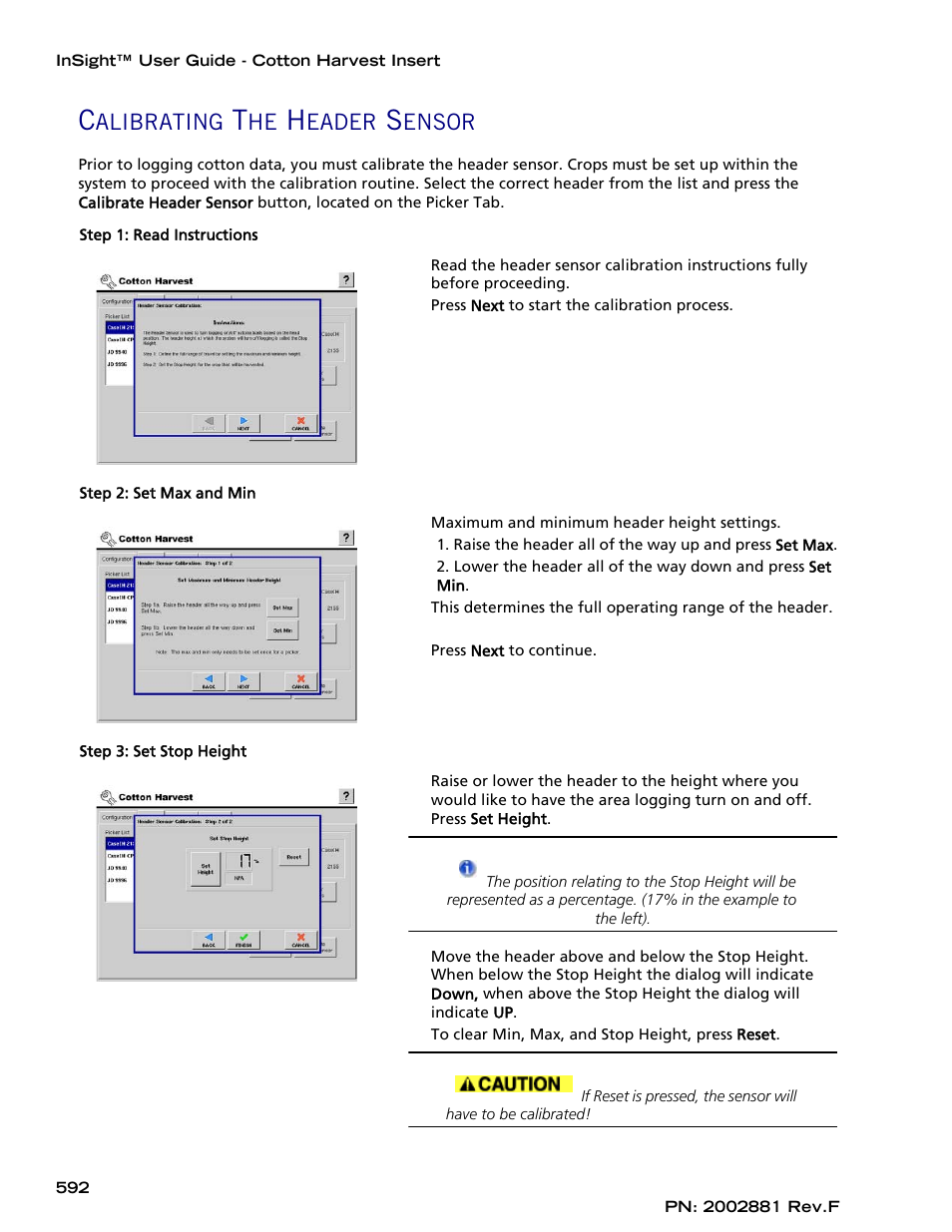 Calibrating the header sensor, Calibrating the header, Alibrating | Eader, Ensor | Ag Leader InSight Cotton Harvest Insert Ver.6.0 Users Manual User Manual | Page 20 / 60