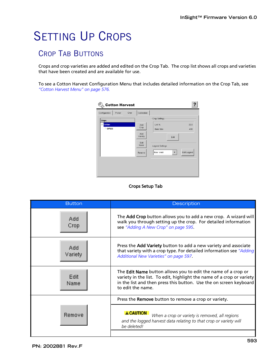 Setting up crops, Crop tab buttons, Etting | Rops | Ag Leader InSight Cotton Harvest Insert Ver.6.0 Users Manual User Manual | Page 21 / 60