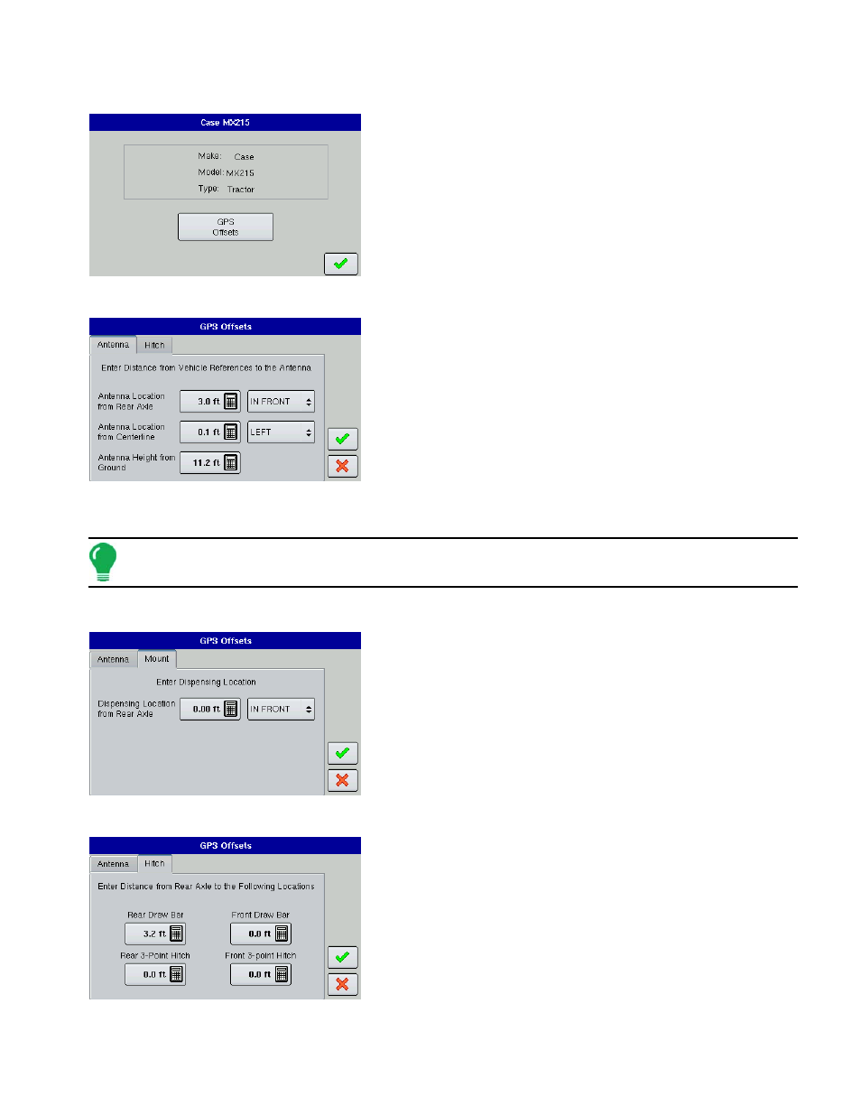 Gps offsets, Antenna tab, Mount tab | Hitch tab, Antenna tab mount tab hitch tab, Gps o, Ffsets | Ag Leader EDGE Ver.4.5 Users Manual User Manual | Page 121 / 214