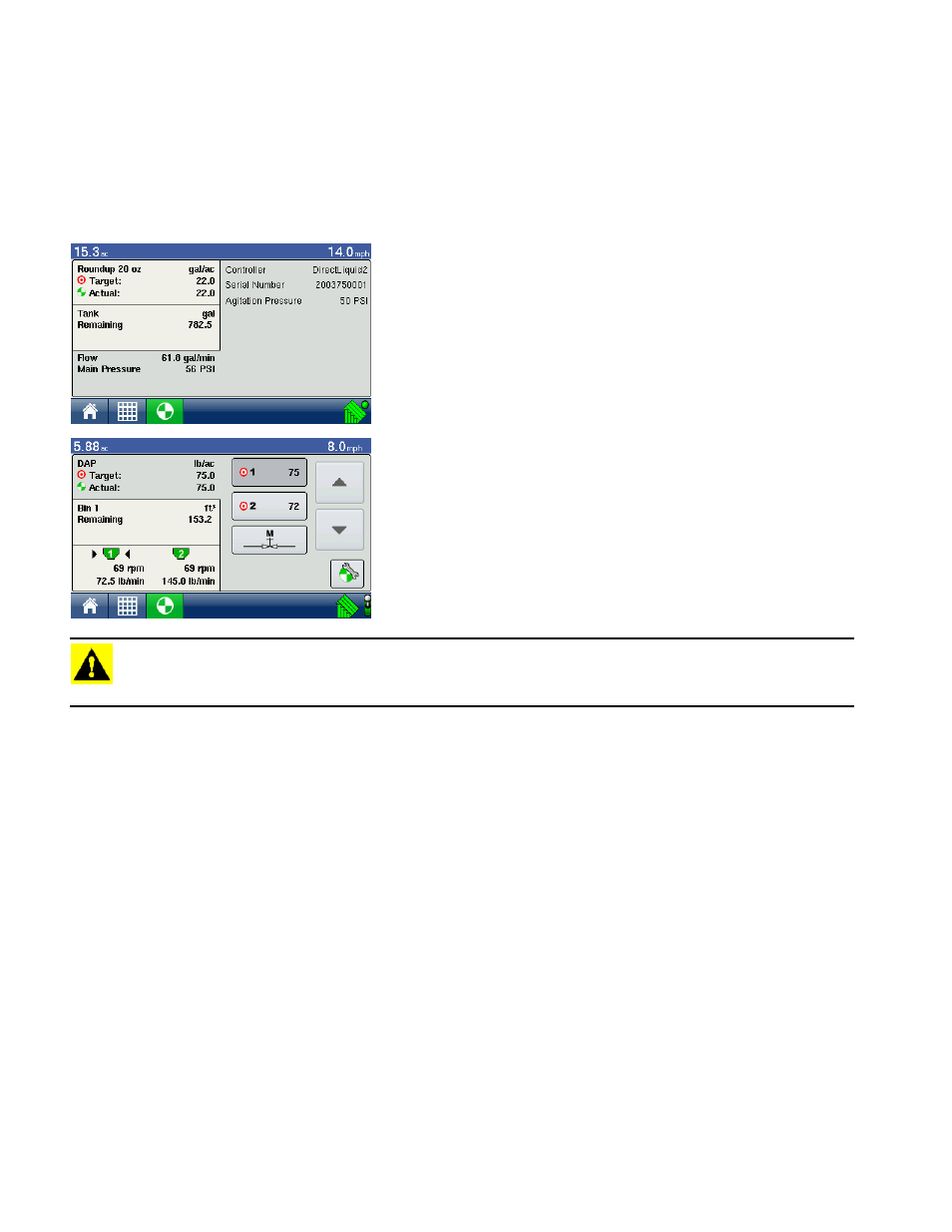 Rate screen: liquid flow/pressure, Rate screen: spinner spreader settings, Spinner spreader product settings | Ag Leader EDGE Ver.4.5 Users Manual User Manual | Page 144 / 214