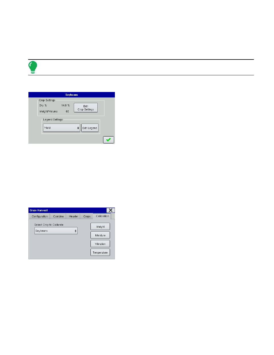 Crop settings, Calibration tab, Alibration | Ag Leader EDGE Ver.4.5 Users Manual User Manual | Page 189 / 214