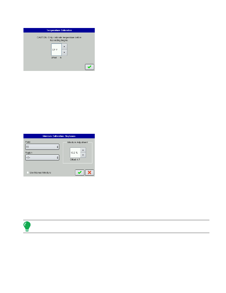 Temperature calibration, Moisture calibration, Grain weight calibration | Selected crop type. for more information, see, Grain weight calibration” on | Ag Leader EDGE Ver.4.5 Users Manual User Manual | Page 191 / 214