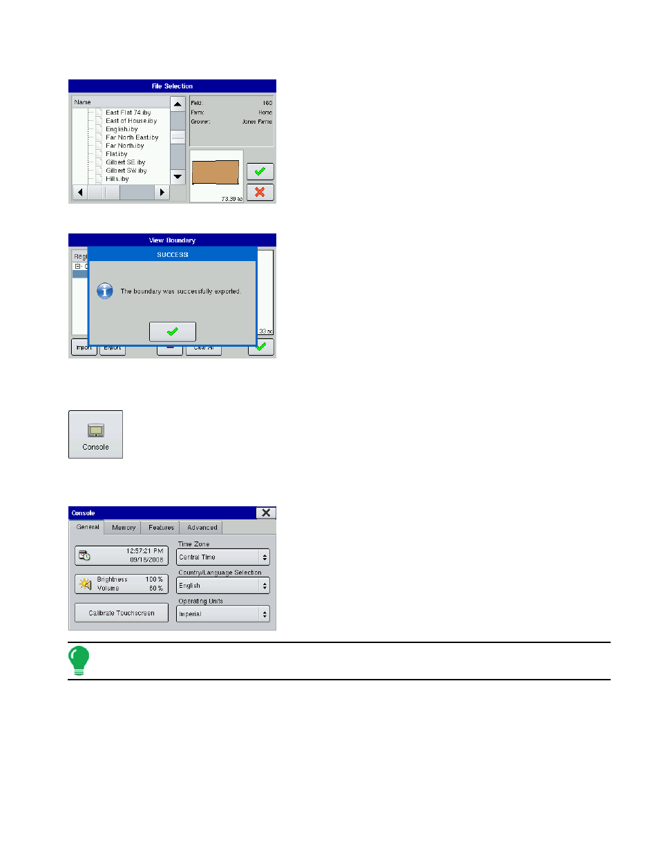 Boundary import, Boundary export, Console | General tab, Boundary import boundary export, Onsole | Ag Leader EDGE Ver.4.5 Users Manual User Manual | Page 25 / 214