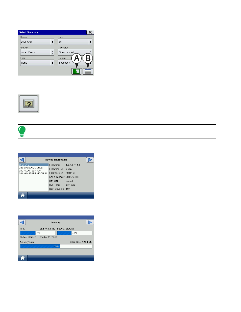 Select summary, Diagnostics, Device information | Memory, Device information memory, For more information, see, Iagnostics | Ag Leader EDGE Ver.4.5 Users Manual User Manual | Page 36 / 214
