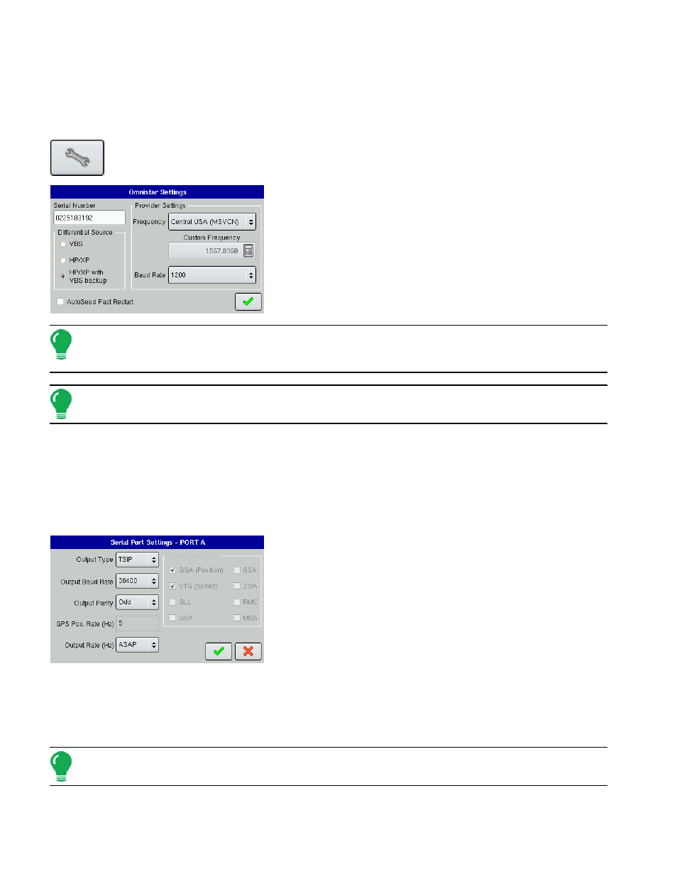 Omnistar settings, Serial port settings, Omnistar settings serial port settings | Star s, Ettings, Erial | Ag Leader EDGE Ver.4.5 Users Manual User Manual | Page 40 / 214