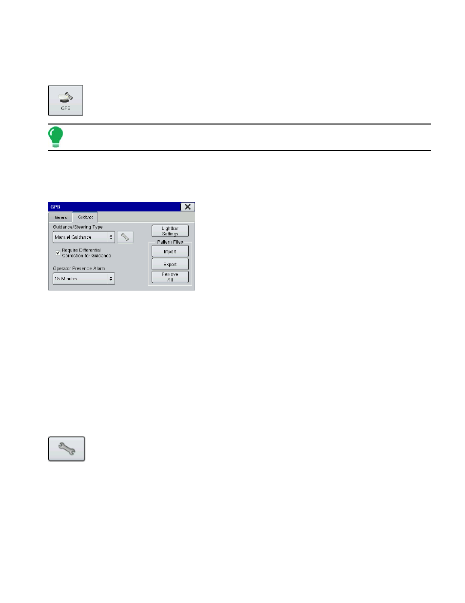 Guidance, Gps guidance tab, Guidance control | Pattern files, Guidance control pattern files, For more information, see the guidance chapter at, Uidance, Gps g | Ag Leader EDGE Ver.4.5 Users Manual User Manual | Page 47 / 214