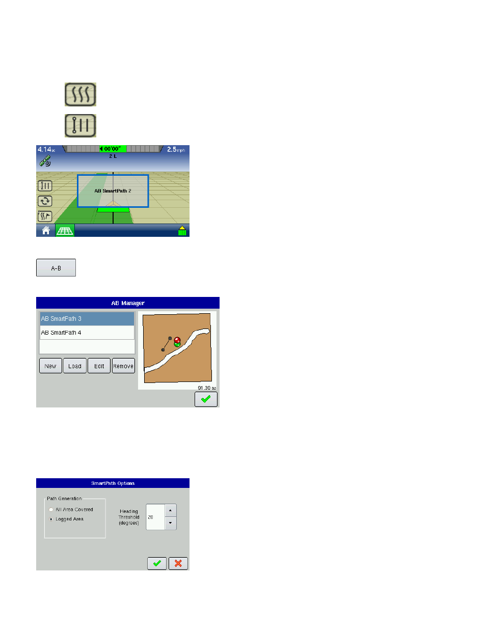 Choose existing lines within smartpath, Smartpath guidance options, Choose existing | Ag Leader EDGE Ver.4.5 Users Manual User Manual | Page 54 / 214