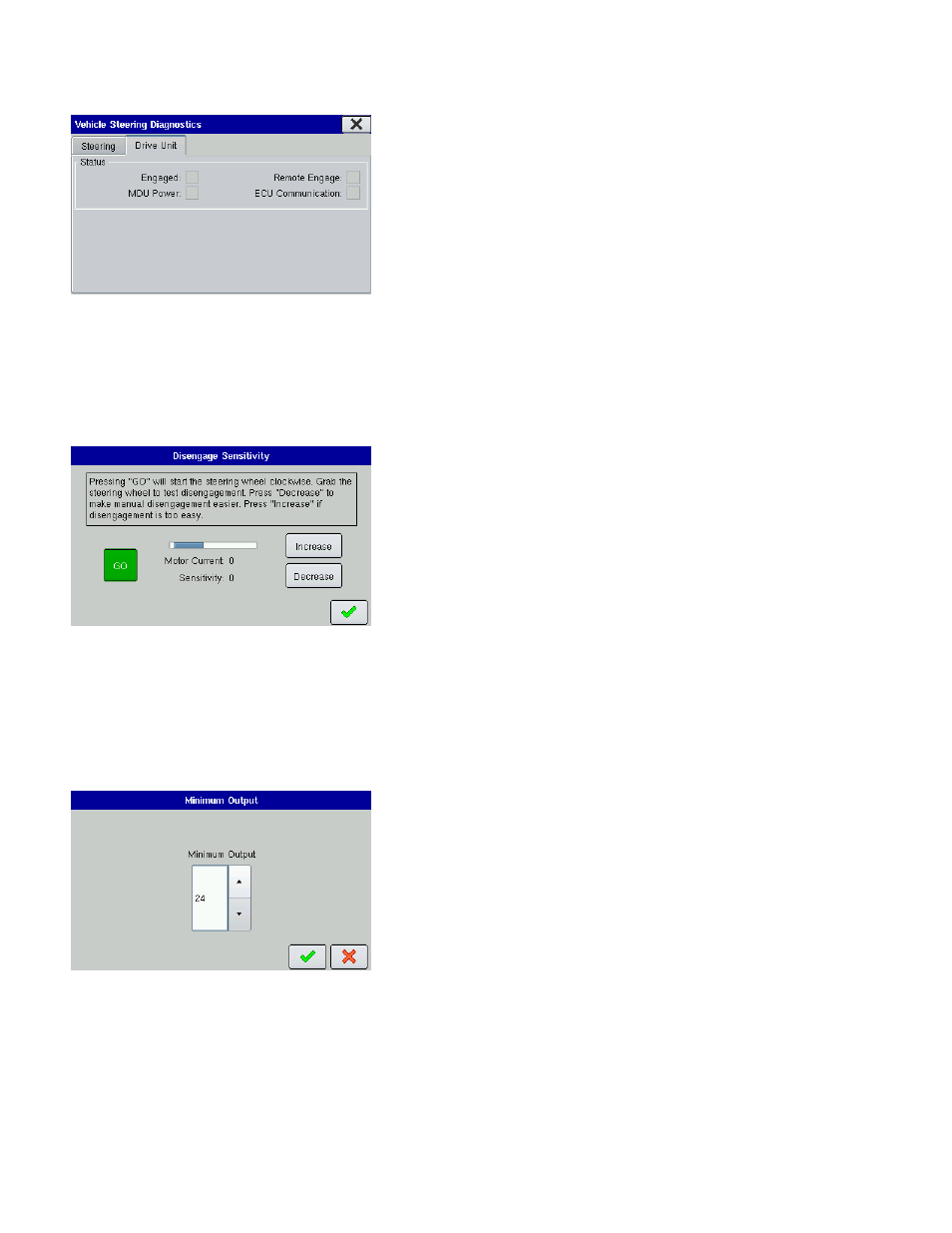 Drive unit, Status, Adjust disengage sensitivity | Minimum output, Drive unit status, Adjust disengage sensitivity minimum output, Adjust disengage sensitivity” on, Minimum | Ag Leader EDGE Ver.4.5 Users Manual User Manual | Page 66 / 214