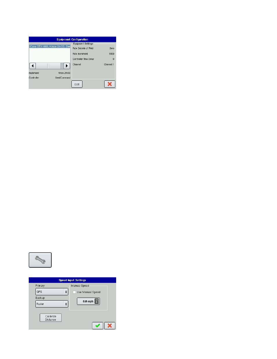 Configuration settings: equipment configuration, Equipment configuration settings - seedcommand, Speed input settings | Calibrate distance, Information, see | Ag Leader EDGE Ver.4.5 Users Manual User Manual | Page 81 / 214