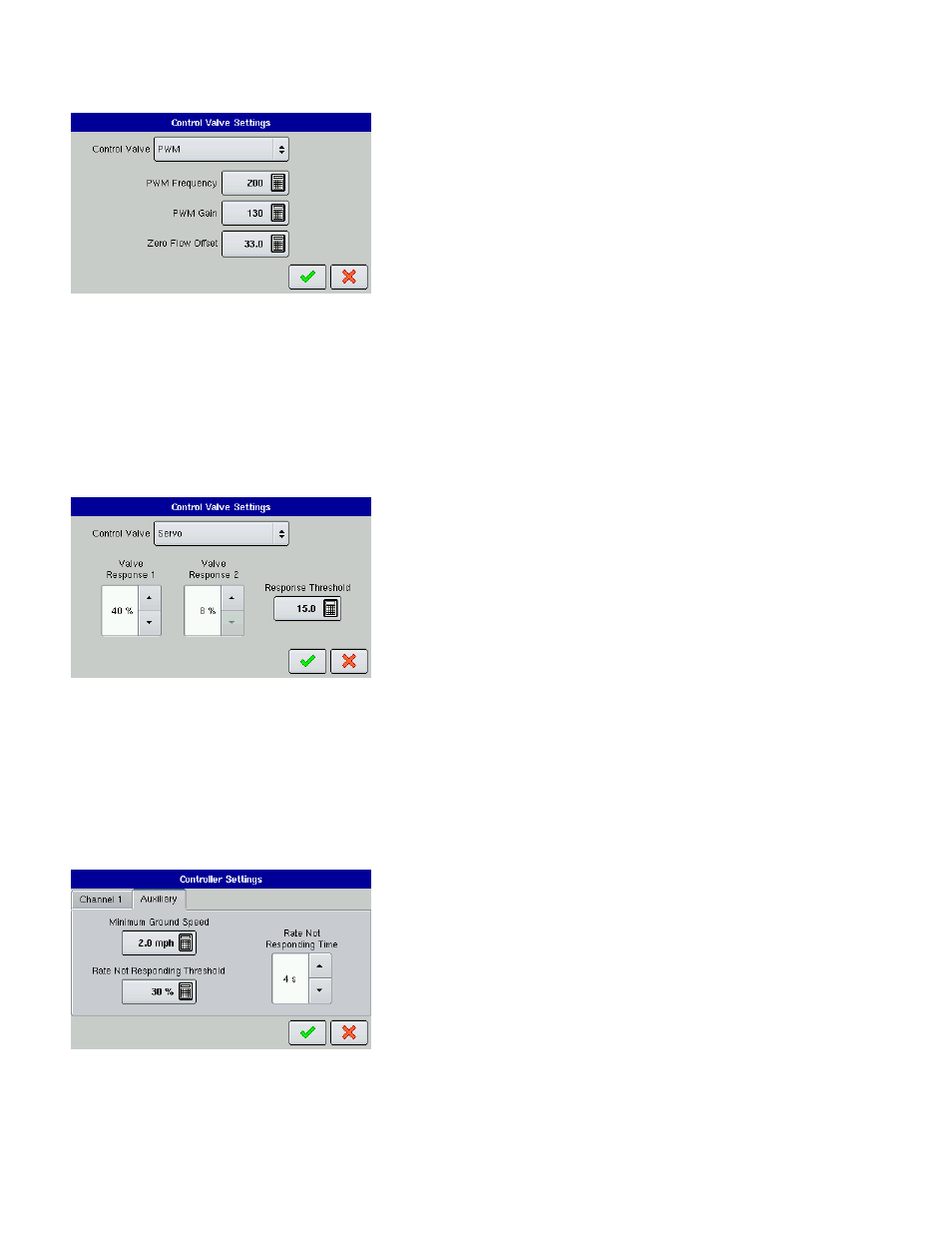 Control valve settings - pwm, Control valve settings - servo, Auxiliary tab | Ag Leader EDGE Ver.4.5 Users Manual User Manual | Page 98 / 214