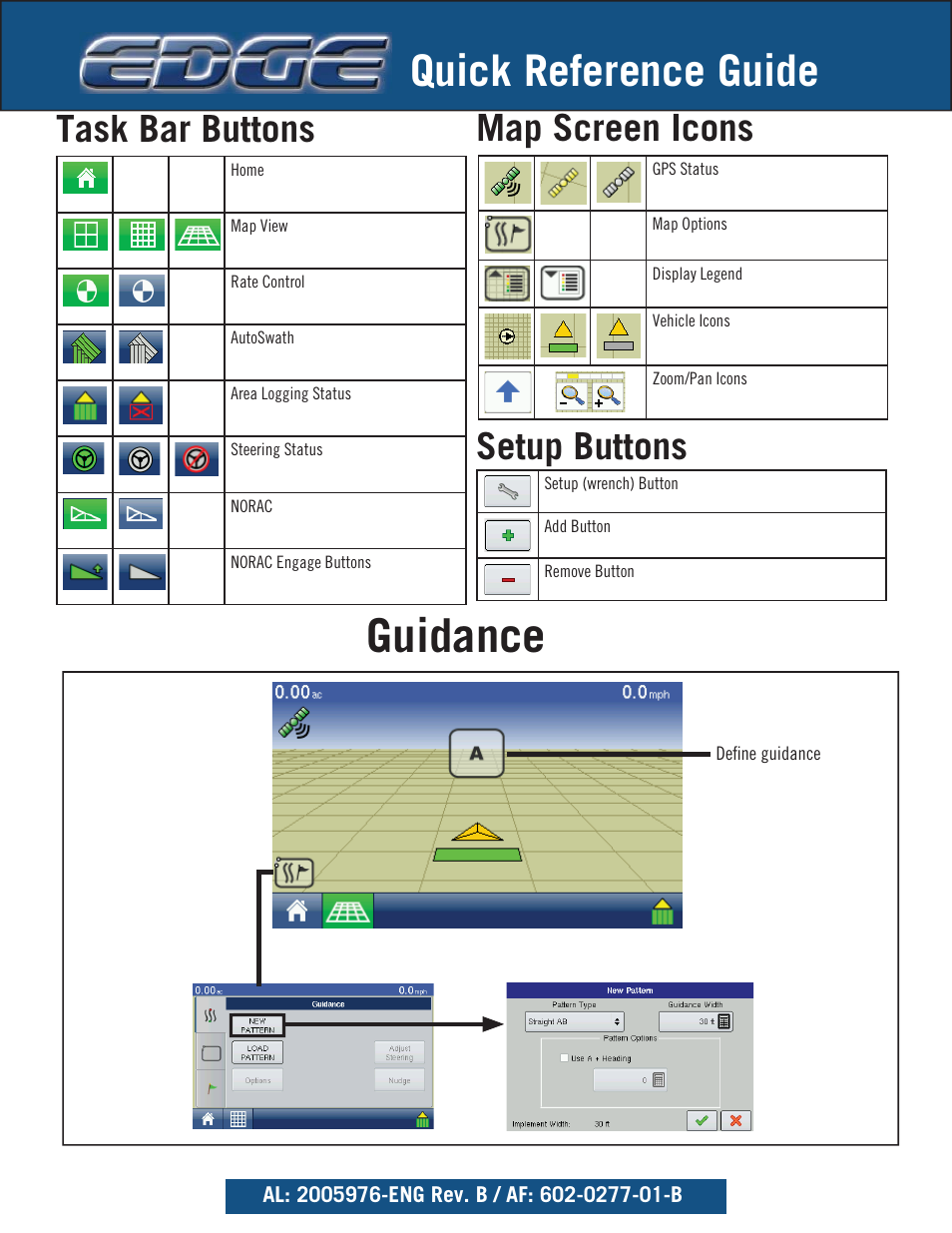 Guidance, Quick reference guide, Task bar buttons map screen icons setup buttons | Ag Leader EDGE Quick Reference Sheets User Manual | Page 3 / 9
