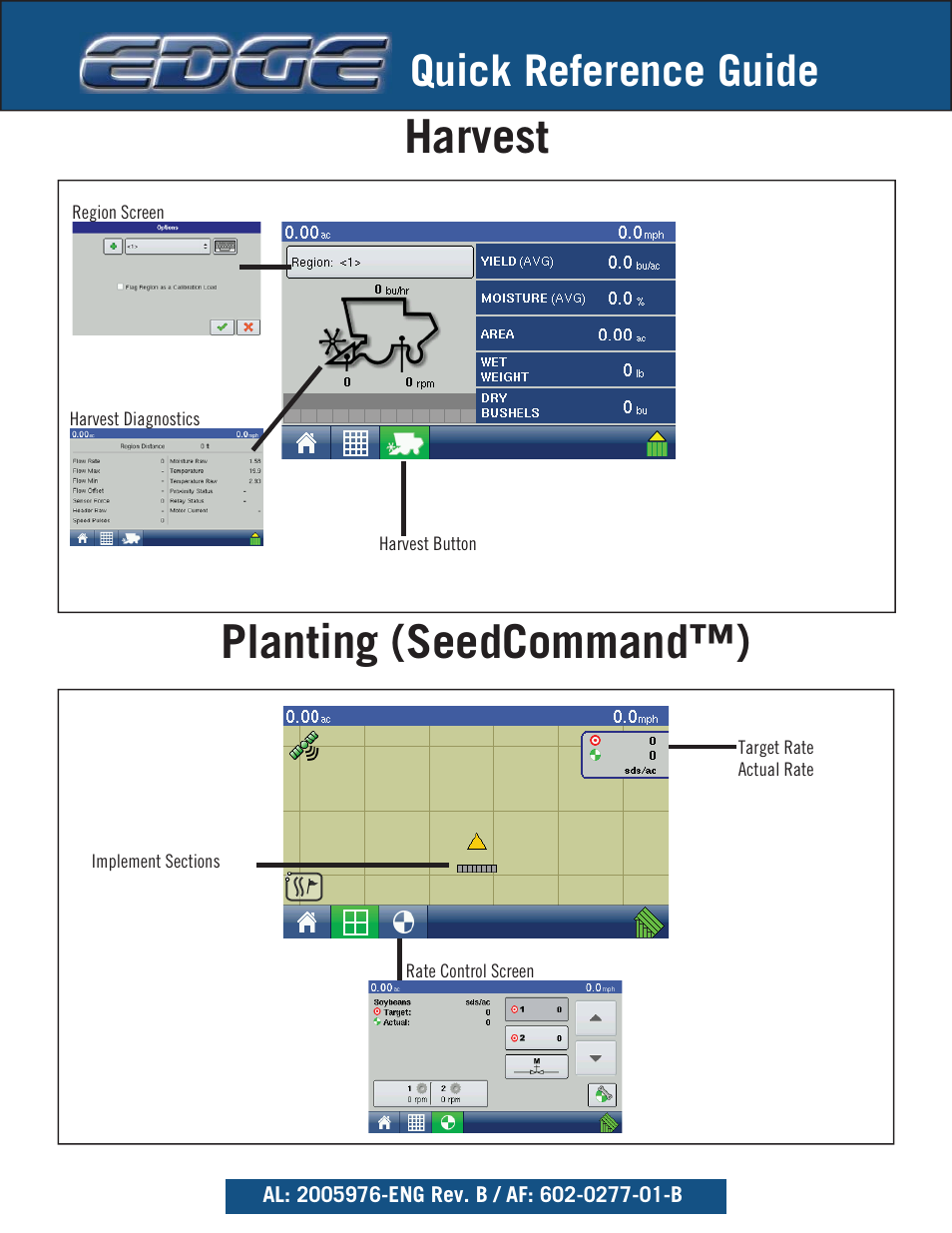 Harvest, Planting (seedcommand™), Quick reference guide | Ag Leader EDGE Quick Reference Sheets User Manual | Page 4 / 9
