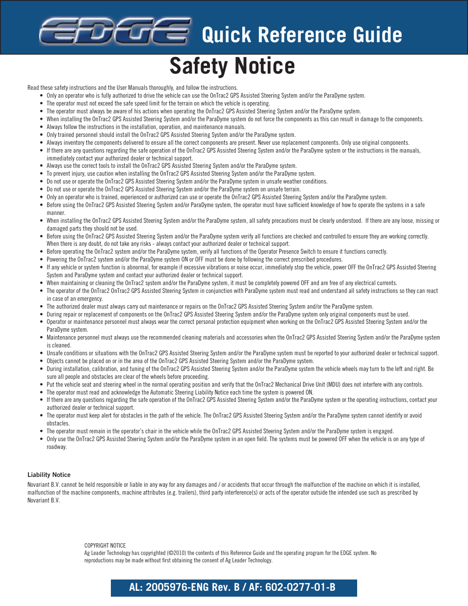 Safety notice, Quick reference guide | Ag Leader EDGE Quick Reference Sheets User Manual | Page 8 / 9