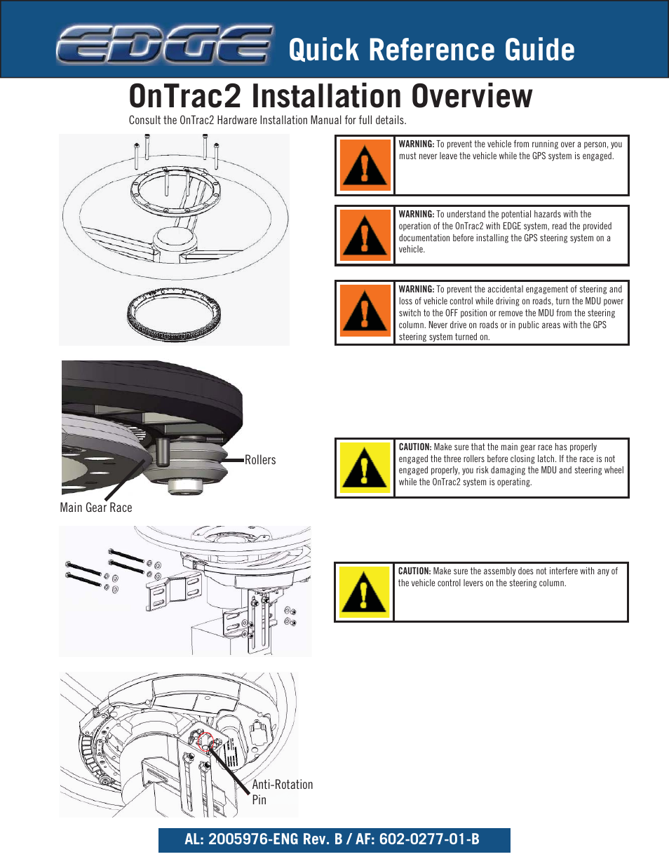 Ontrac2 installation overview, Quick reference guide | Ag Leader EDGE Quick Reference Sheets User Manual | Page 9 / 9