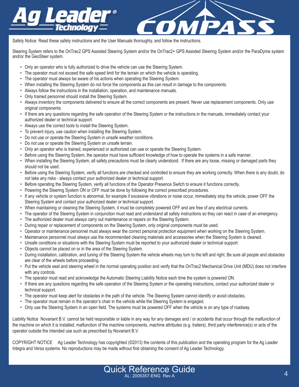 Quick reference guide | Ag Leader Compass Quick Reference Sheets User Manual | Page 4 / 4