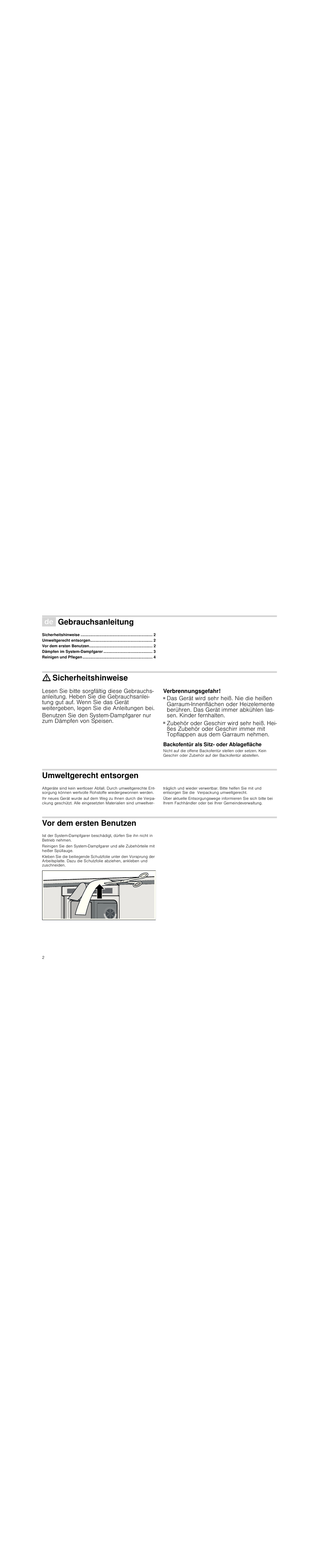 Ø gebrauchsanleitung, Umweltgerecht entsorgen 2, Vor dem ersten benutzen 2 | Dämpfen im system-dampfgarer 3, Reinigen und pflegen 4, Sicherheitshinweise, Verbrennungsgefahr, Backofentür als sitz- oder ablagefläche, Umweltgerecht entsorgen, Vor dem ersten benutzen | Neff N8642X3 User Manual | Page 2 / 28