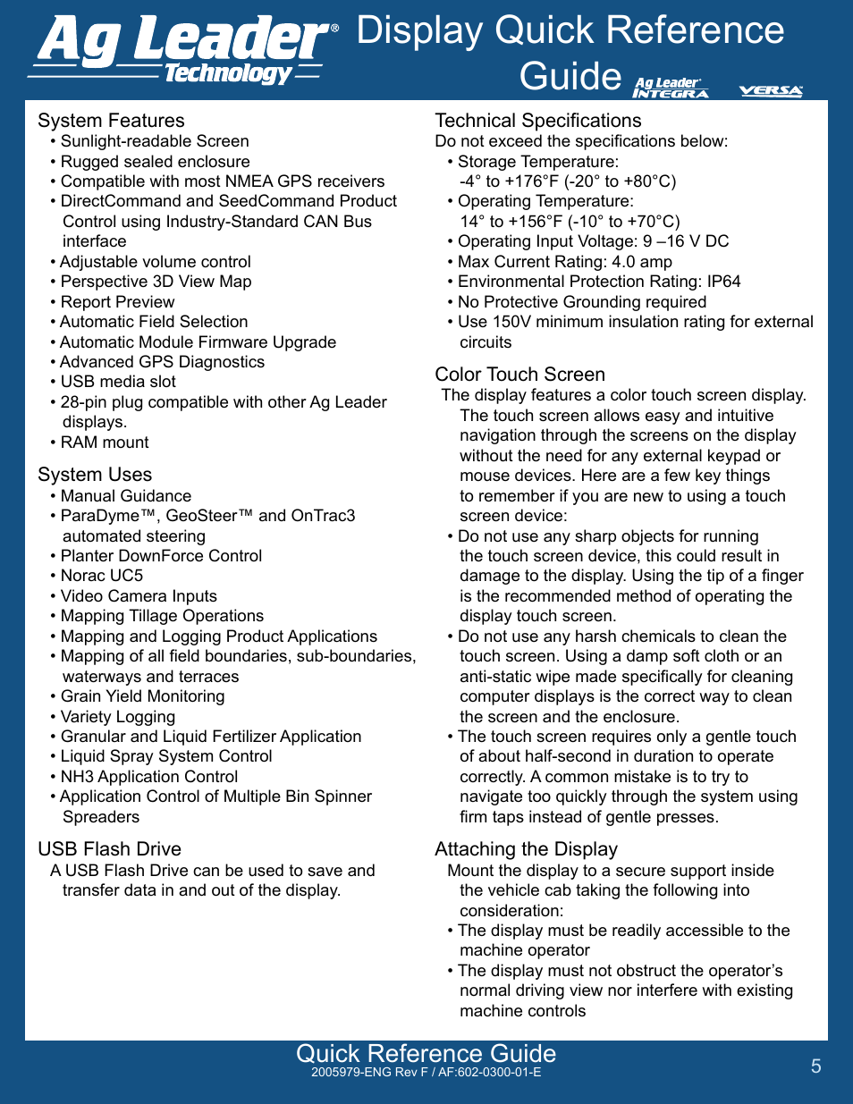 Display quick reference guide, Quick reference guide | Ag Leader Integra Quick Reference Guides User Manual | Page 5 / 6
