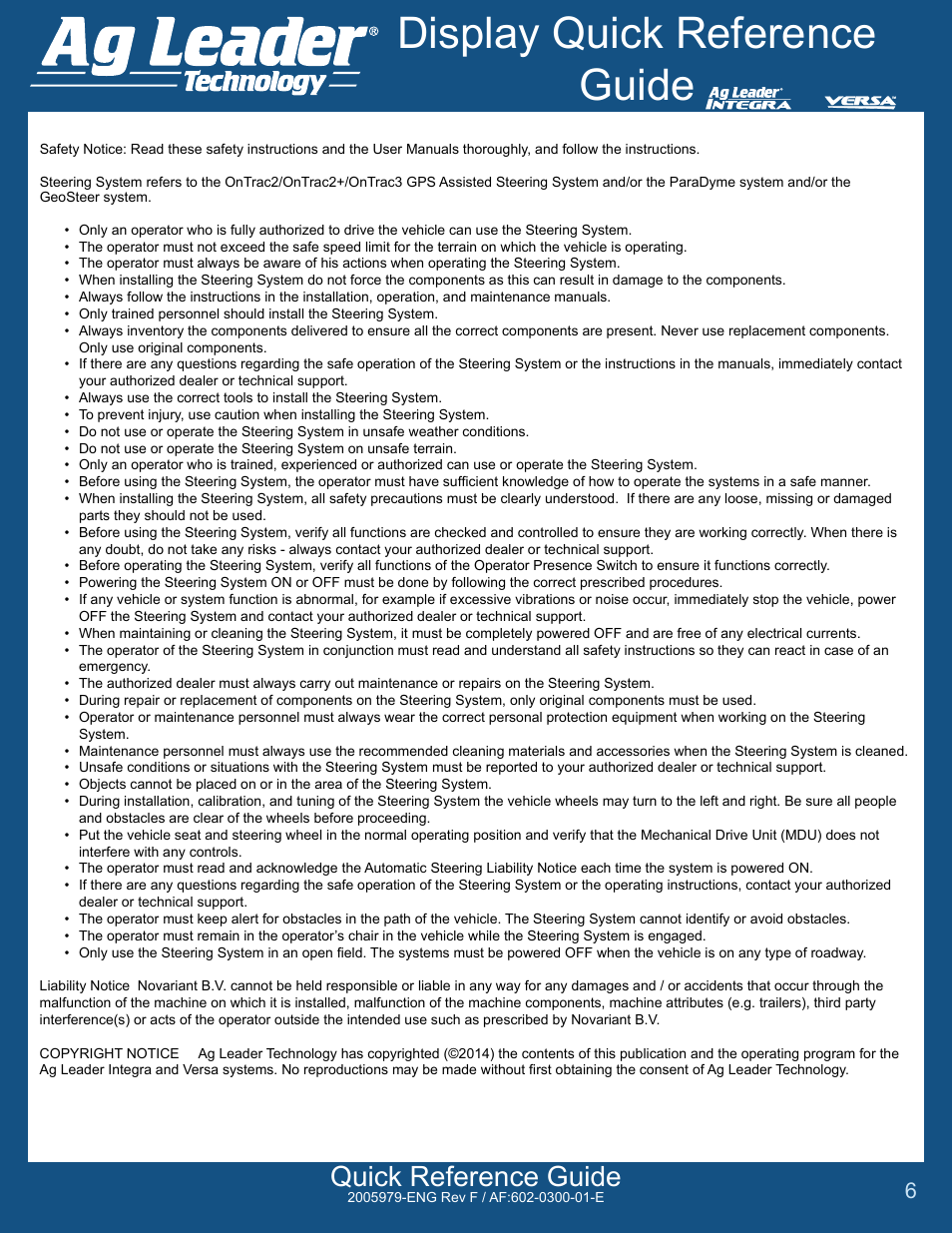 Display quick reference guide, Quick reference guide | Ag Leader Integra Quick Reference Guides User Manual | Page 6 / 6