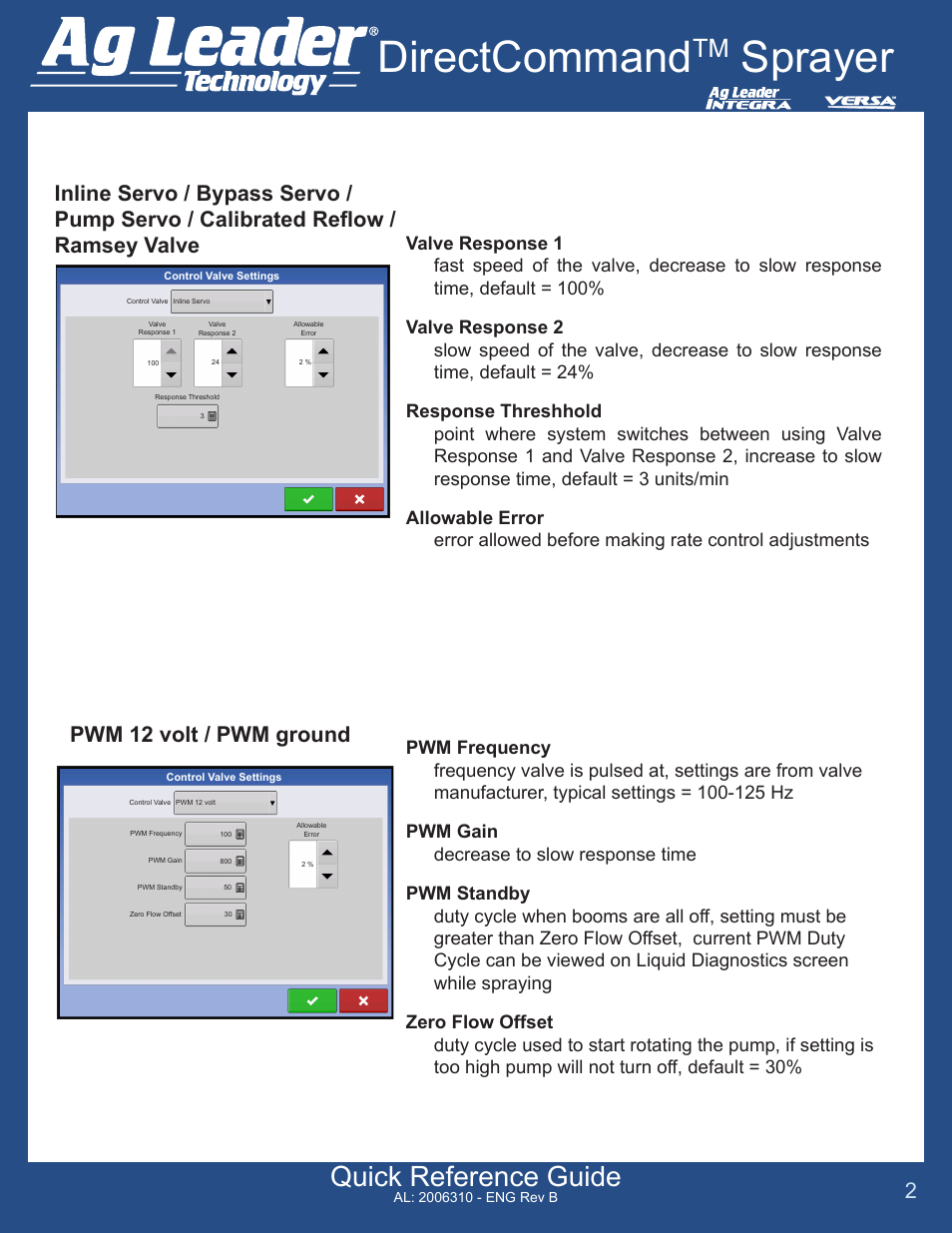 Directcommand, Sprayer, Quick reference guide | Ag Leader Versa DirectCommand Sprayer Quick Reference Guides User Manual | Page 2 / 4