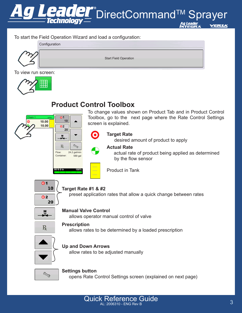 Directcommand, Sprayer, Quick reference guide | Product control toolbox | Ag Leader Versa DirectCommand Sprayer Quick Reference Guides User Manual | Page 3 / 4