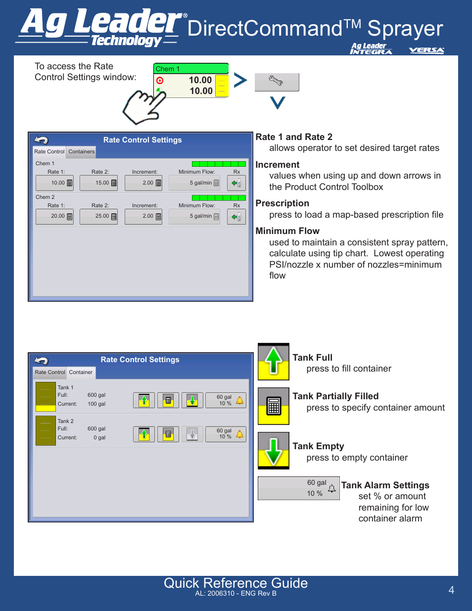 Directcommand, Sprayer, Quick reference guide | Ag Leader Versa DirectCommand Sprayer Quick Reference Guides User Manual | Page 4 / 4