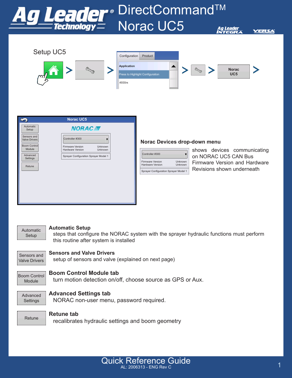 Ag Leader Versa DirectCommand NORAC UC5 Quick Reference Guides User Manual | 4 pages