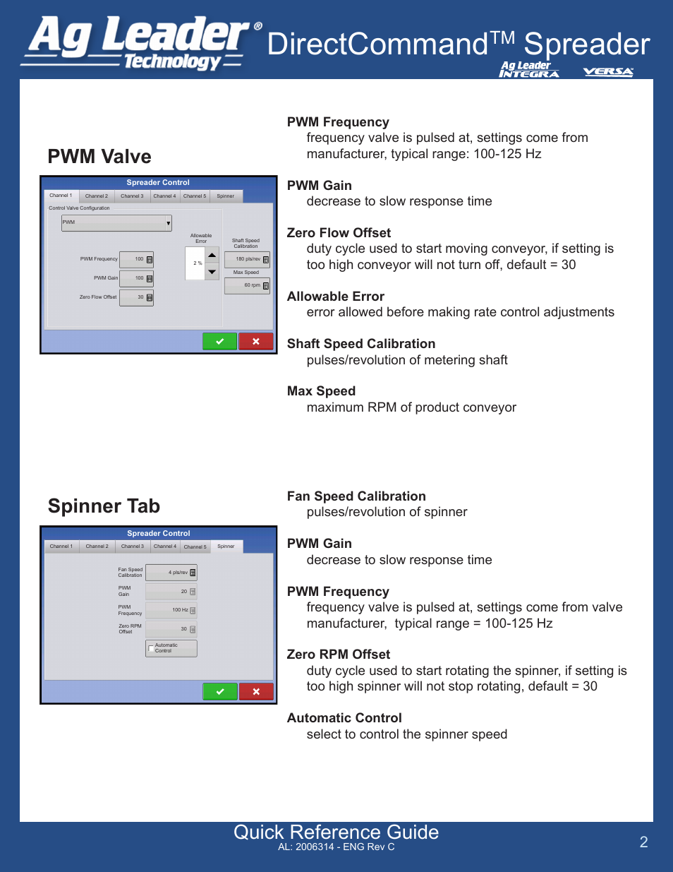 Directcommand, Spreader, Quick reference guide | Spinner tab, Pwm valve | Ag Leader Versa DirectCommand Spreader Quick Reference Guides User Manual | Page 2 / 5