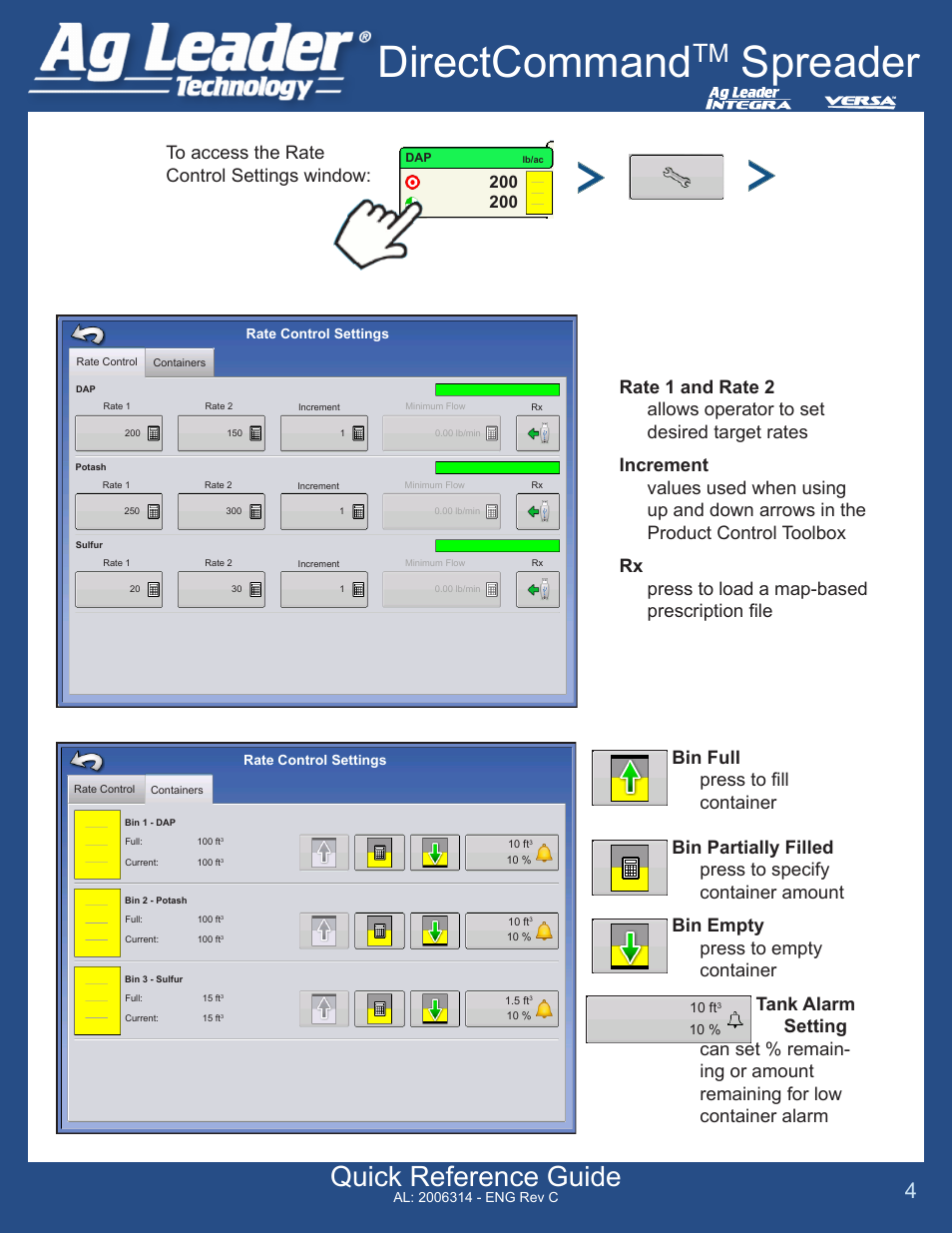 Directcommand, Spreader, Quick reference guide | Ag Leader Versa DirectCommand Spreader Quick Reference Guides User Manual | Page 4 / 5