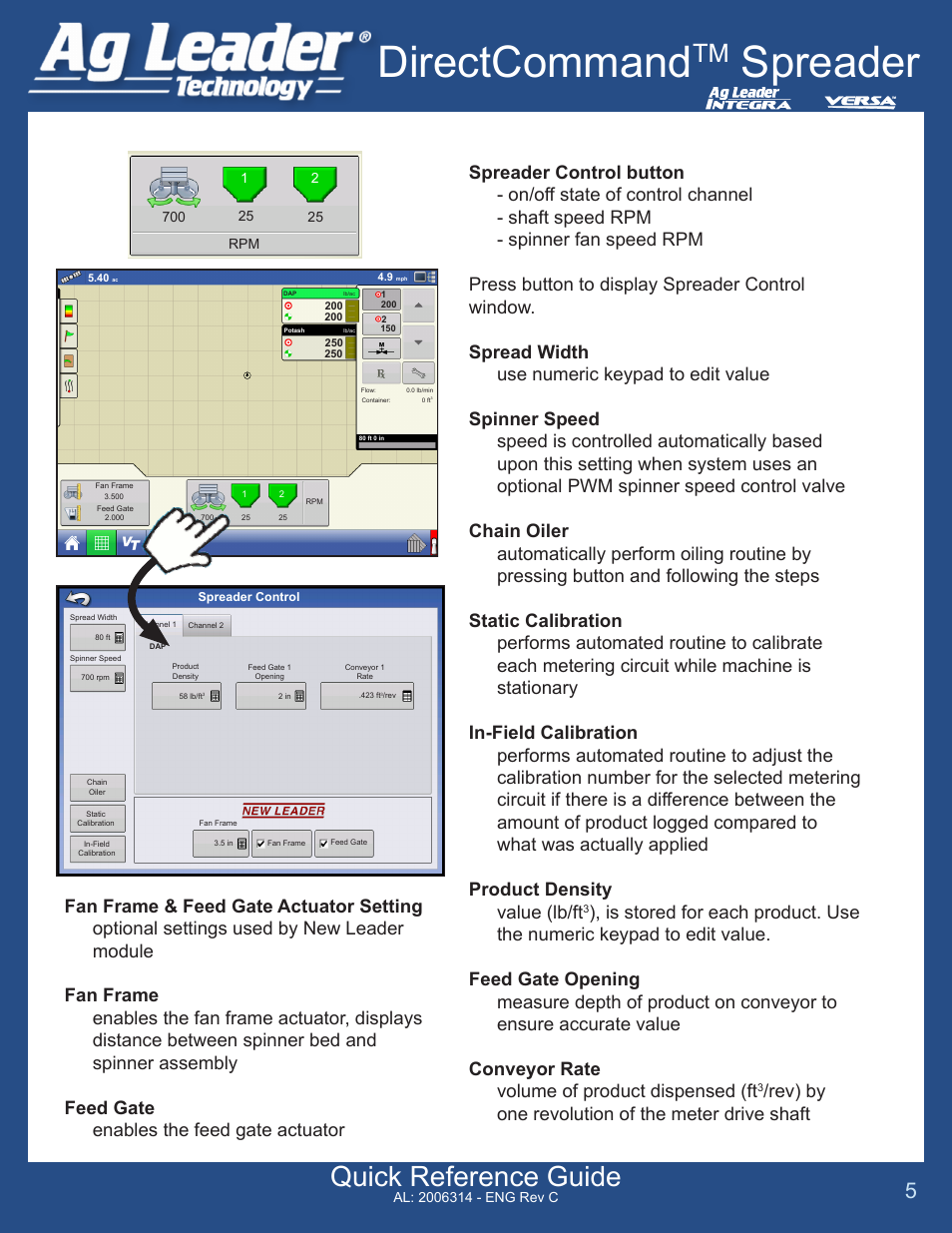 Directcommand, Spreader, Quick reference guide | Ag Leader Versa DirectCommand Spreader Quick Reference Guides User Manual | Page 5 / 5