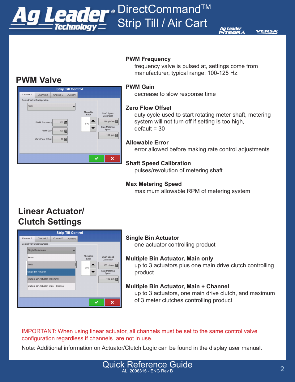 Directcommand, Strip till / air cart, Quick reference guide | Pwm valve, Linear actuator/ clutch settings | Ag Leader Versa DirectCommand Strip-Till Quick Reference Guides User Manual | Page 2 / 7