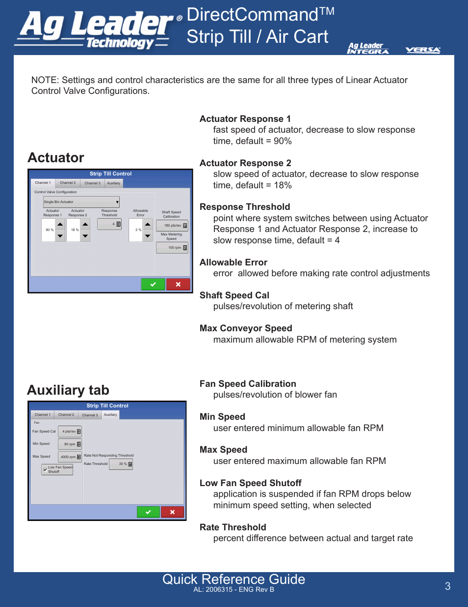 Directcommand, Strip till / air cart, Quick reference guide | Auxiliary tab, Actuator | Ag Leader Versa DirectCommand Strip-Till Quick Reference Guides User Manual | Page 3 / 7