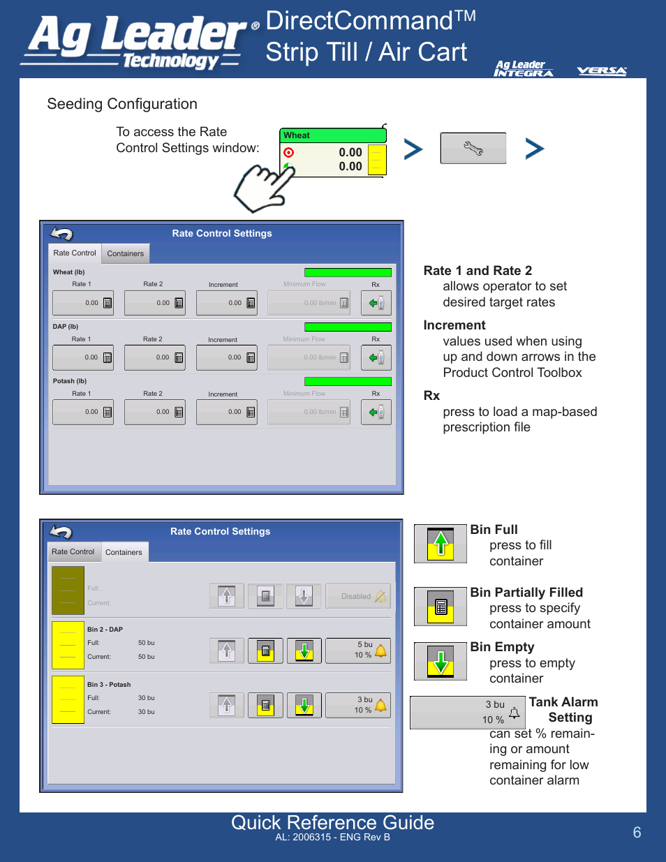Directcommand, Strip till / air cart, Quick reference guide | Seeding configuration | Ag Leader Versa DirectCommand Strip-Till Quick Reference Guides User Manual | Page 6 / 7