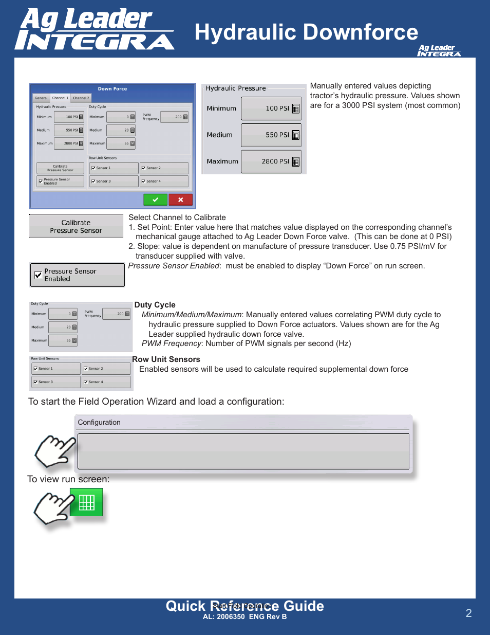 Hydraulic downforce, Quick reference guide | Ag Leader Versa DirectCommand Hydraulic Down Force Quick Reference Guides User Manual | Page 2 / 13
