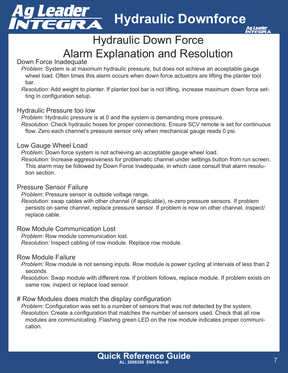 Hydraulic downforce, Quick reference guide | Ag Leader Versa DirectCommand Hydraulic Down Force Quick Reference Guides User Manual | Page 7 / 13