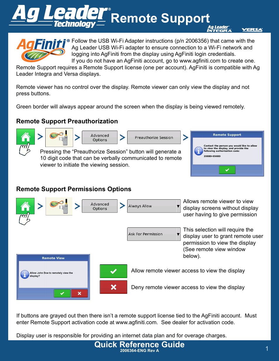 Ag Leader Versa DirectCommand Display Remote Support Quick Reference Guides User Manual | 1 page