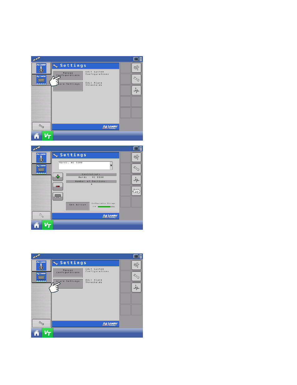 Settings screen, Manage configurations, Alarm settings | Ettings, Creen, Larm | Ag Leader Versa Users Manual User Manual | Page 227 / 304
