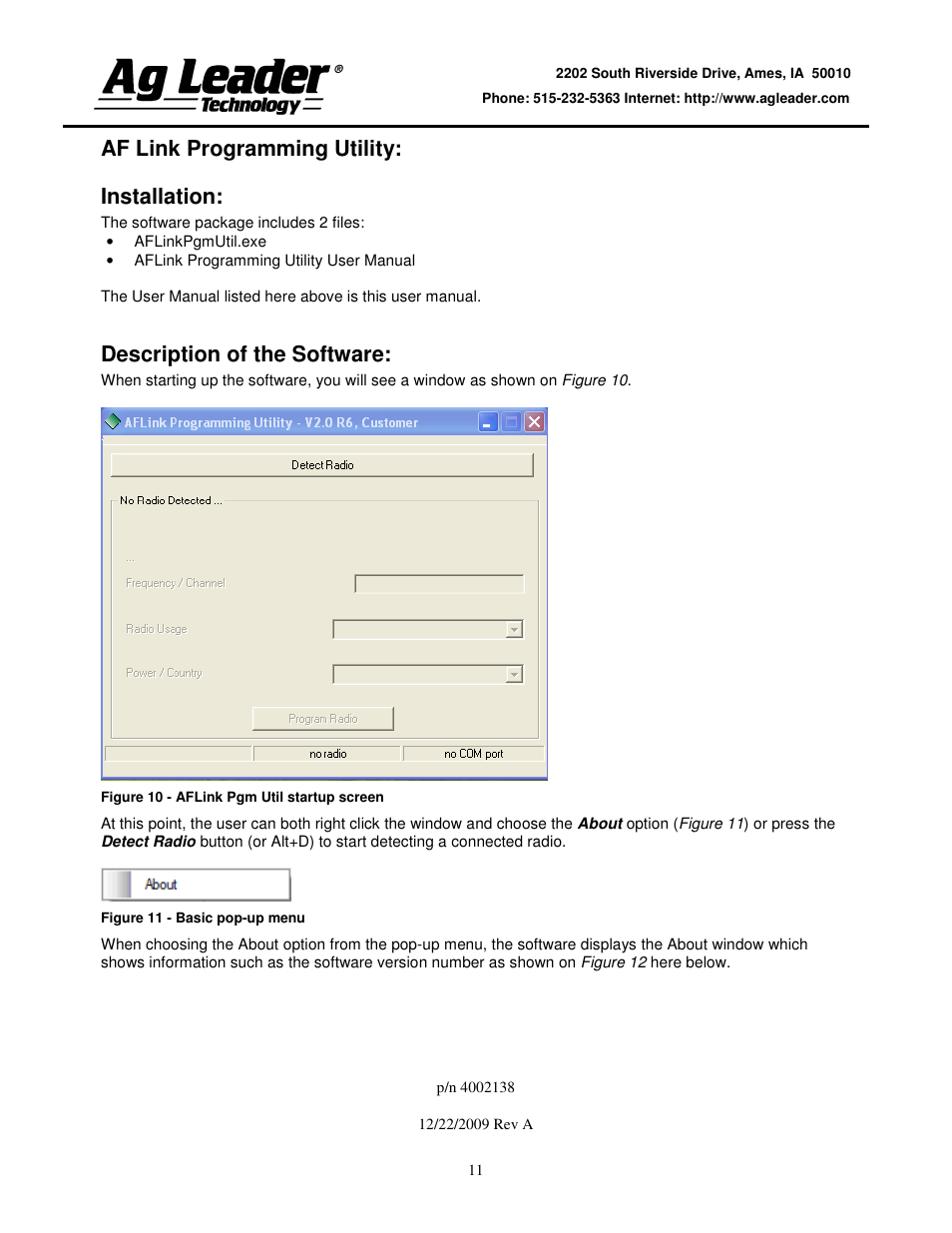 Af link programming utility: installation, Description of the software | Ag Leader Base Station Configuration and Utilities User Manual | Page 11 / 22