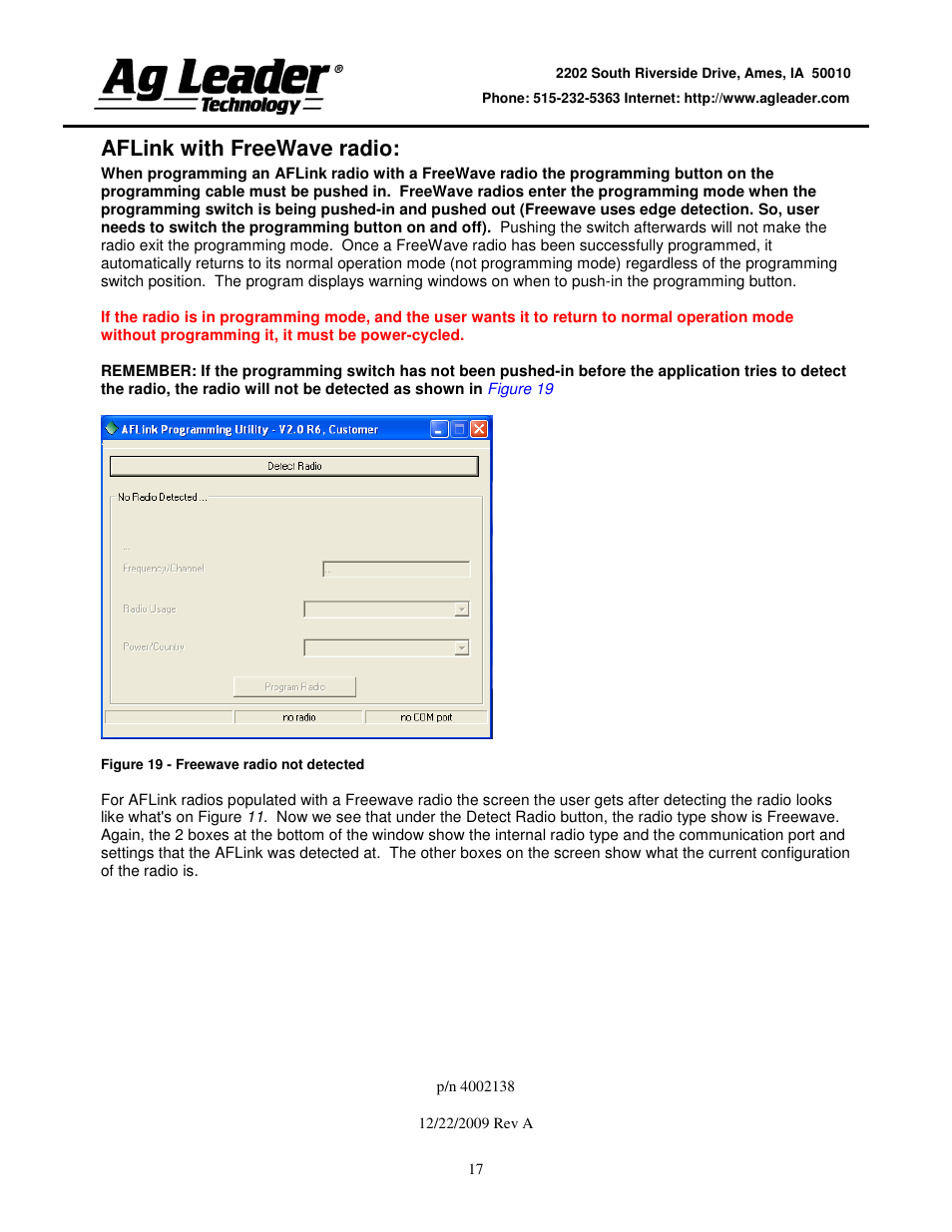 Aflink with freewave radio | Ag Leader Base Station Configuration and Utilities User Manual | Page 17 / 22