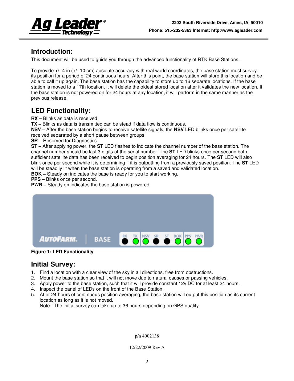 Introduction, Led functionality, Initial survey | Ag Leader Base Station Configuration and Utilities User Manual | Page 2 / 22