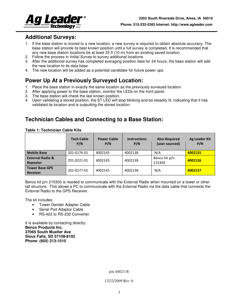 Additional surveys, Power up at a previously surveyed location, Technician cables and connecting to a base station | Ag Leader Base Station Configuration and Utilities User Manual | Page 3 / 22