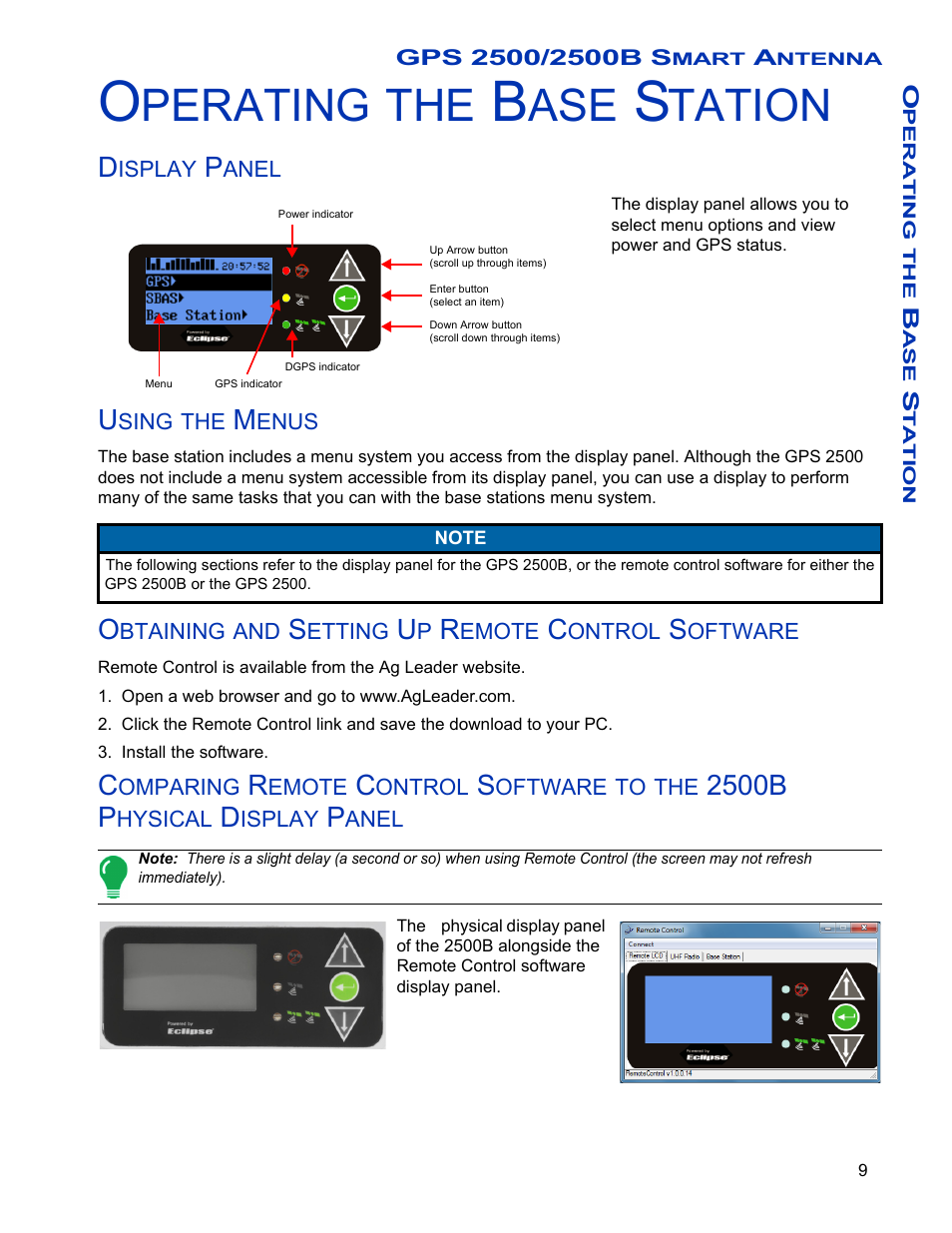 Operating the base station, Display panel, Using the menus | Obtaining and setting up remote control software, Perating, Tation, 2500b p | Ag Leader GPS 2500/2500B Operators Manual User Manual | Page 15 / 46
