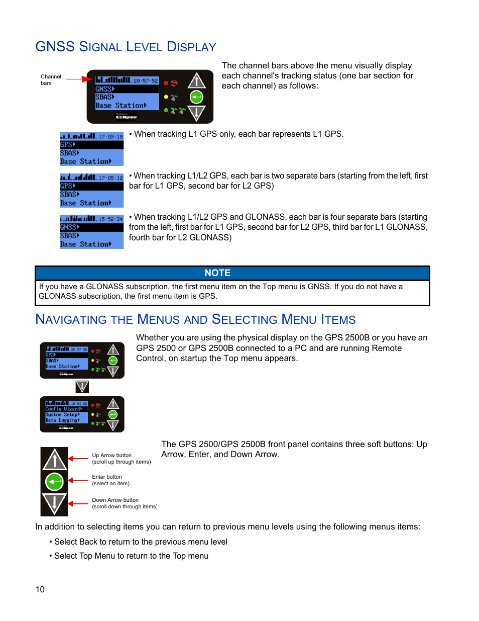 Gnss signal level display, Navigating the menus and selecting menu items, Gnss s | Ag Leader GPS 2500/2500B Operators Manual User Manual | Page 16 / 46