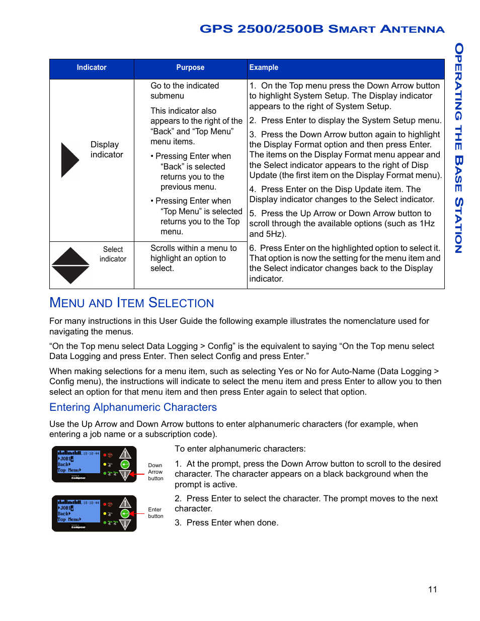 Menu and item selection, Entering alphanumeric characters, Election | Ag Leader GPS 2500/2500B Operators Manual User Manual | Page 17 / 46