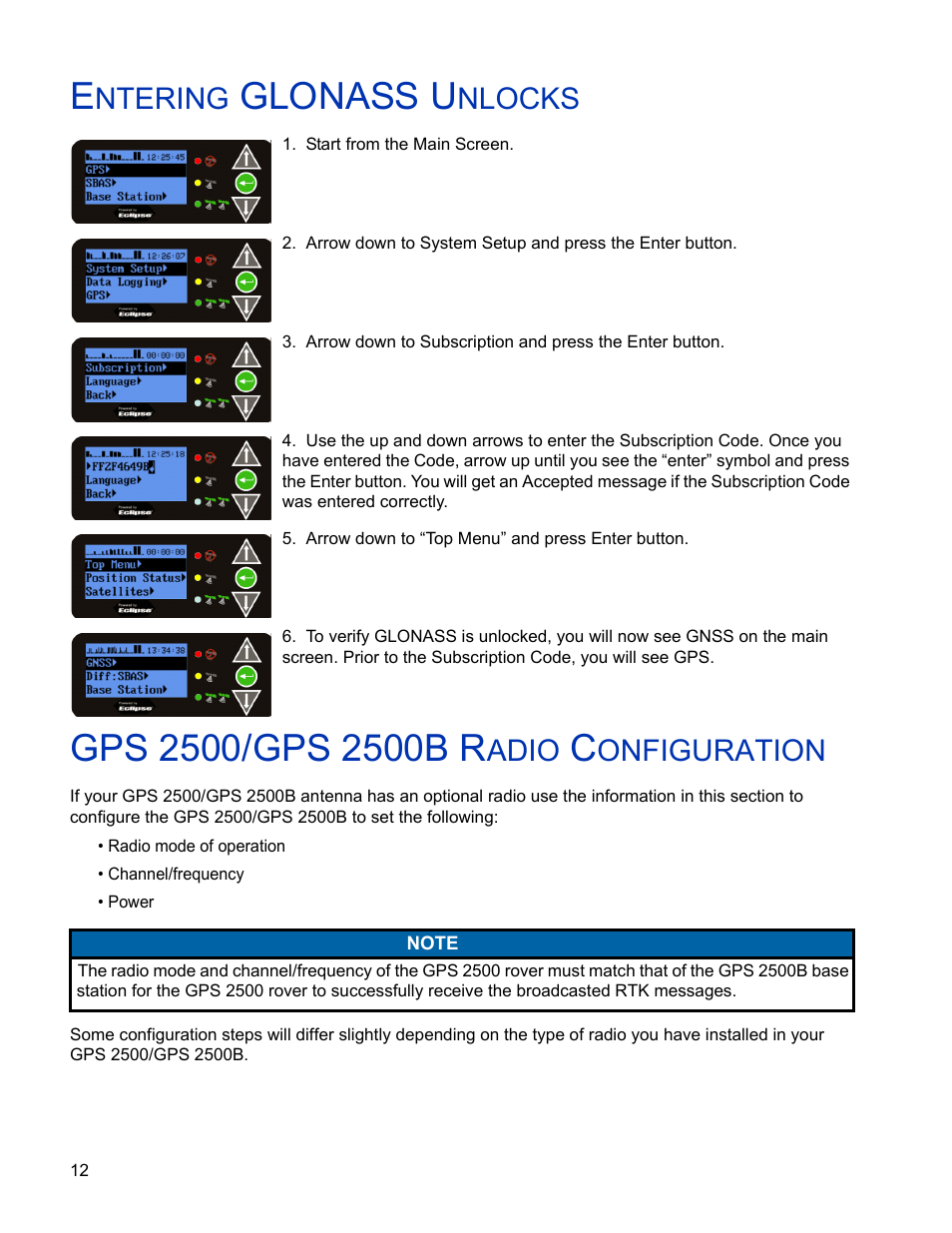 Entering glonass unlocks, Gps 2500/gps 2500b radio configuration, Glonass u | Ntering, Nlocks, Adio, Onfiguration | Ag Leader GPS 2500/2500B Operators Manual User Manual | Page 18 / 46