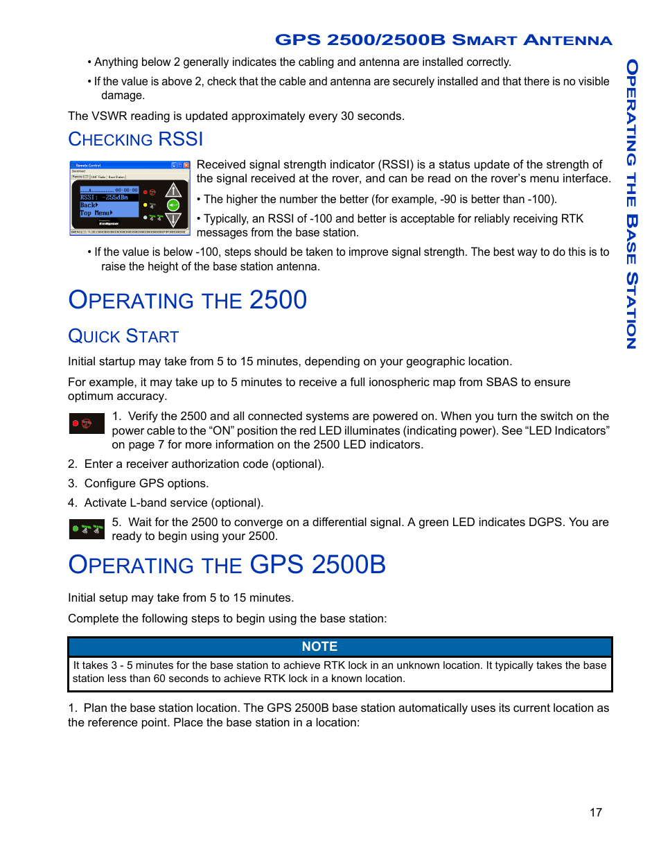 Checking rssi, Operating the 2500, Quick start | Operating the gps 2500b, Gps 2500b, Perating, Rssi | Ag Leader GPS 2500/2500B Operators Manual User Manual | Page 23 / 46